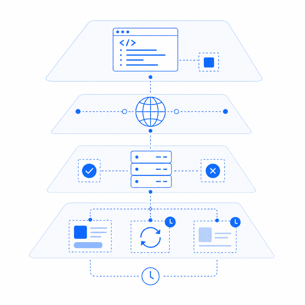 abstract layered stack showing client script, network, backend validation, and f