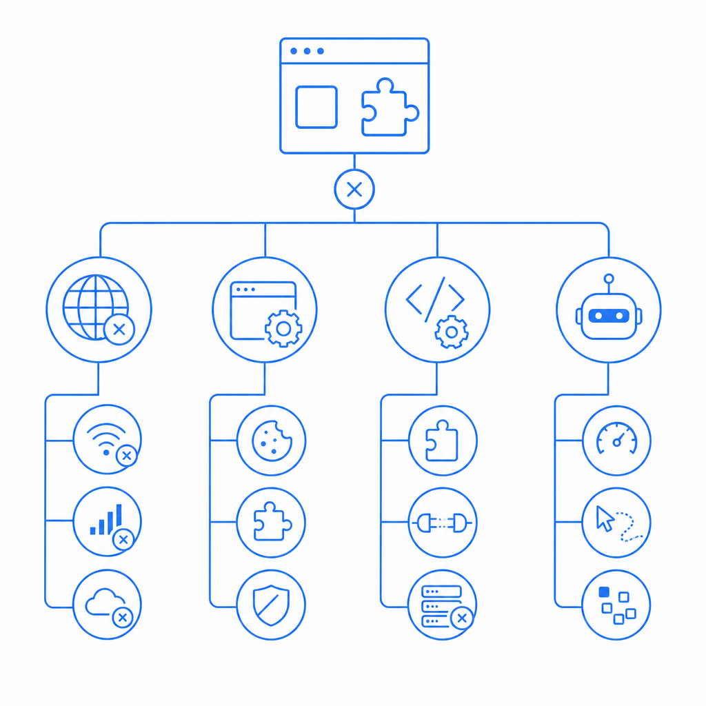 flowchart showing major captcha failure causes including network, browser, integ