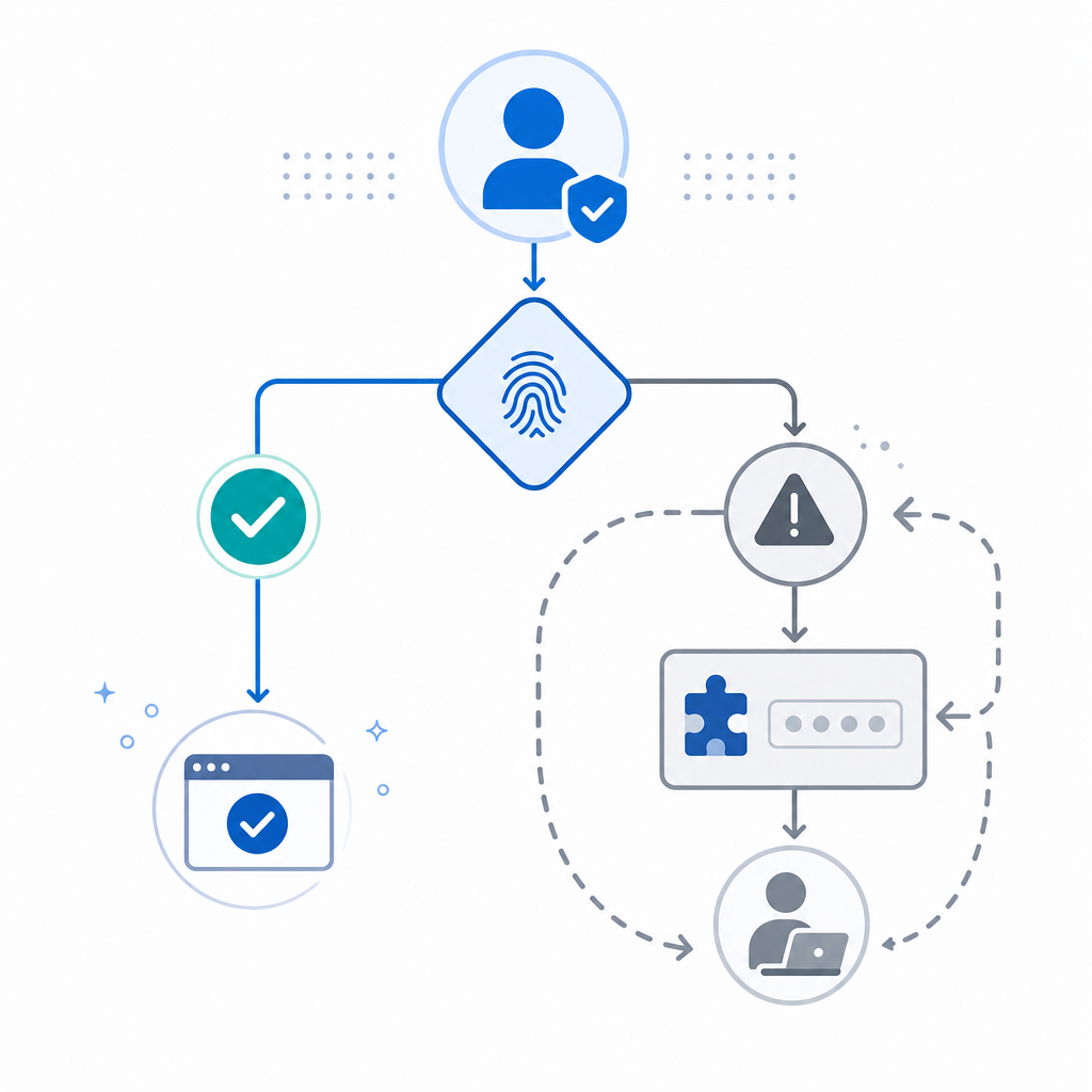 abstract decision tree showing legitimate user, risk signals, and repeat challen