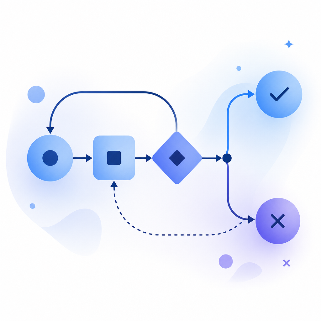 abstract state machine showing "issue -> complete -> validate -> pass/fail" with