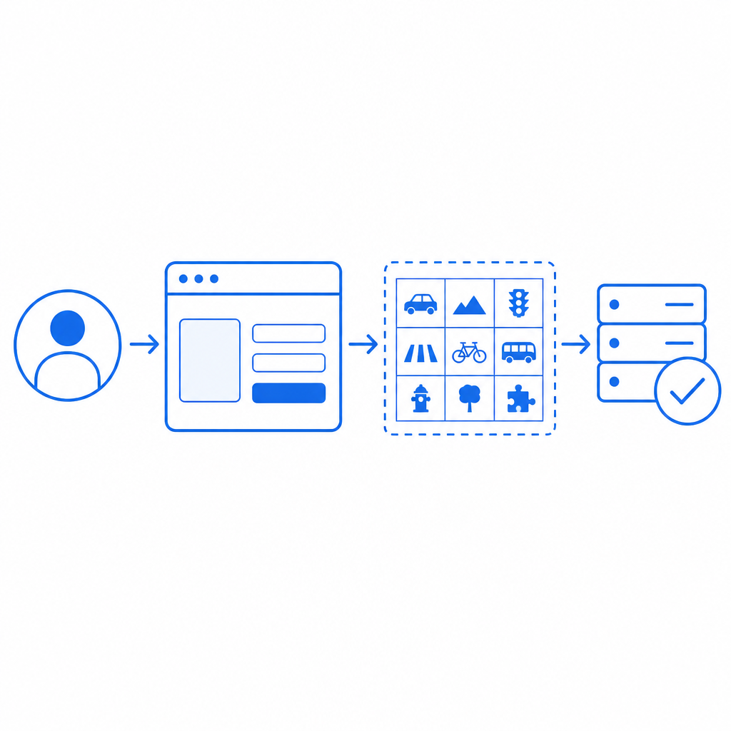flow diagram showing CAPTCHA interaction between user, client, server validation