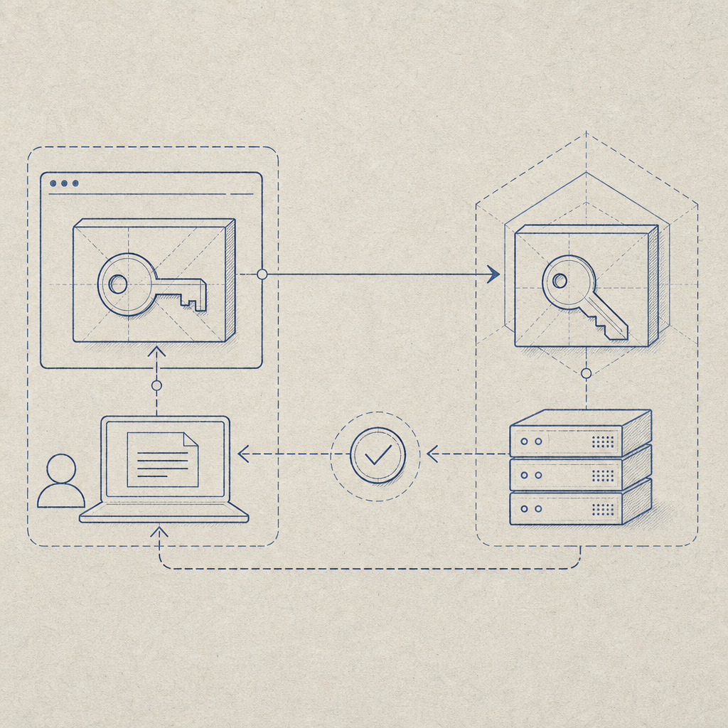 abstract flow diagram showing public key in client, secret key on server, and ve