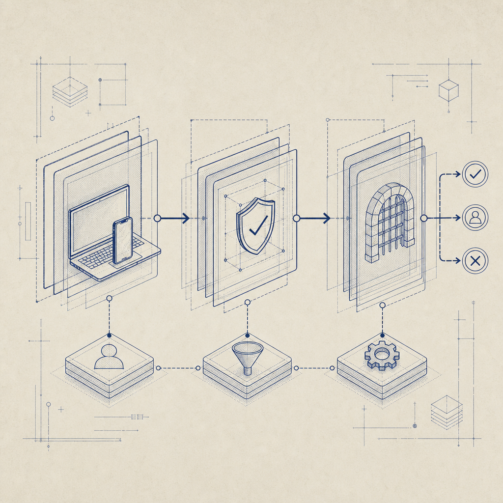 abstract layered security diagram with client, validation API, and backend decis