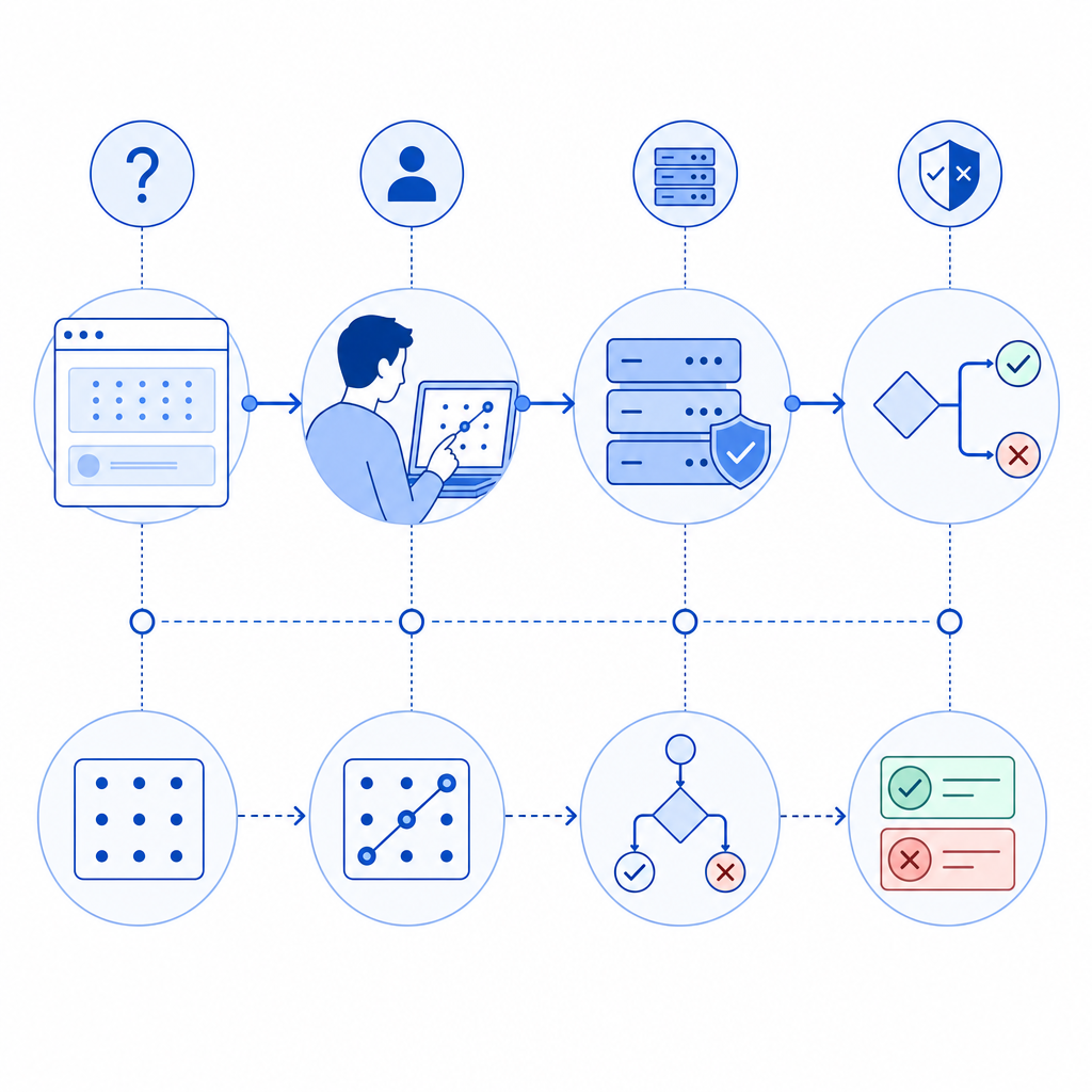 abstract flow of challenge, human response, server validation, and allow/deny de