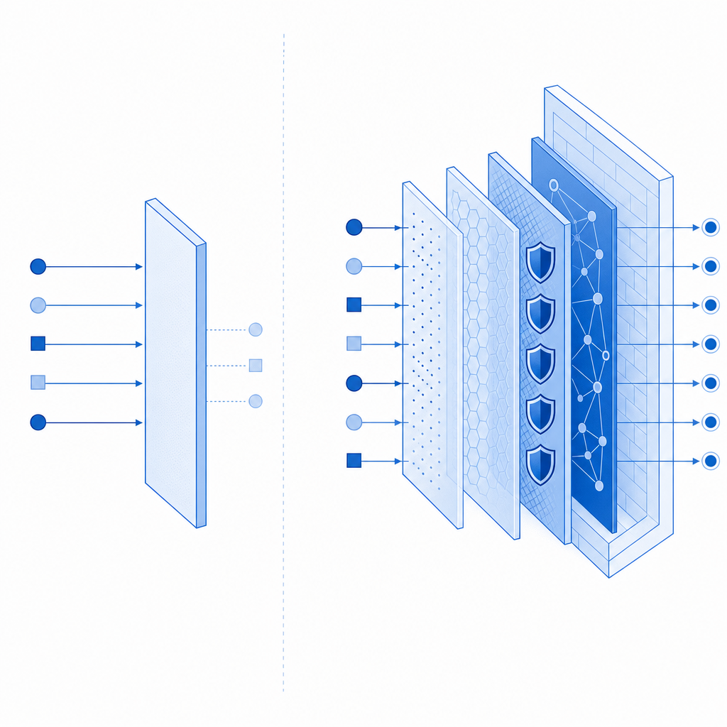 abstract comparison of simple text challenge versus layered bot-defense stack