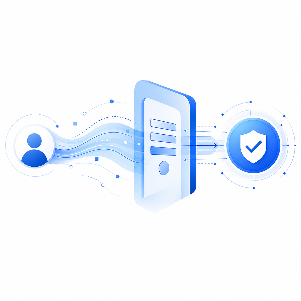 abstract trust badge connected to a form gate, showing signal flow from user to 