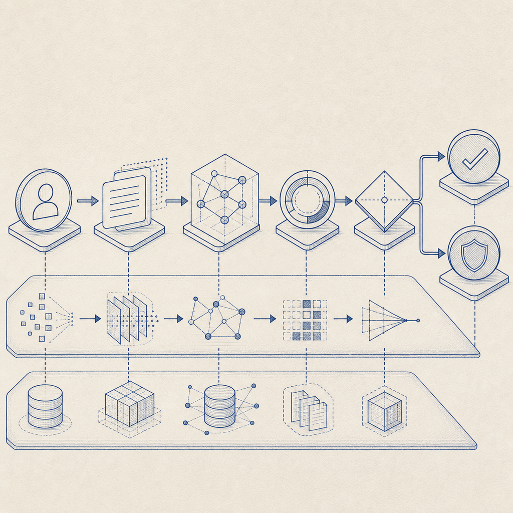 layered flow from user request to risk scoring and challenge decision, no text i