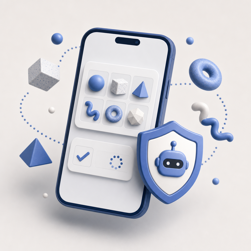 abstract diagram showing mobile touchscreen with captcha elements and bot shield