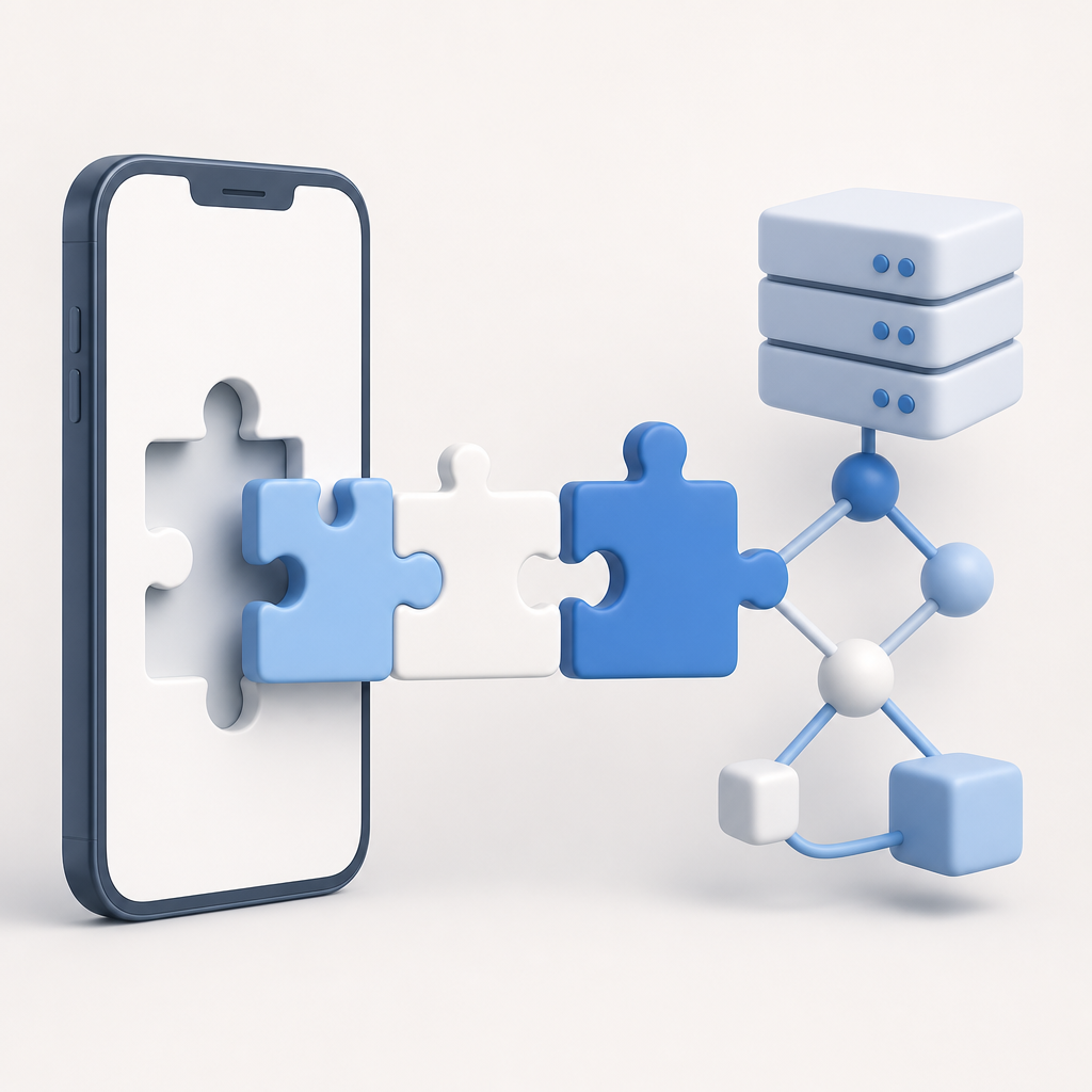 schematic showing puzzle pieces fitting mobile screen and backend integration