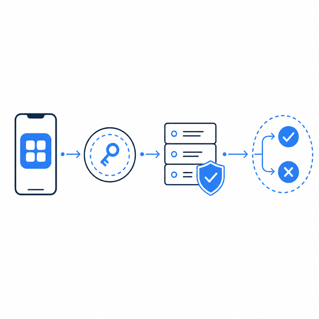abstract mobile security flow showing app, token, server validation, and risk de