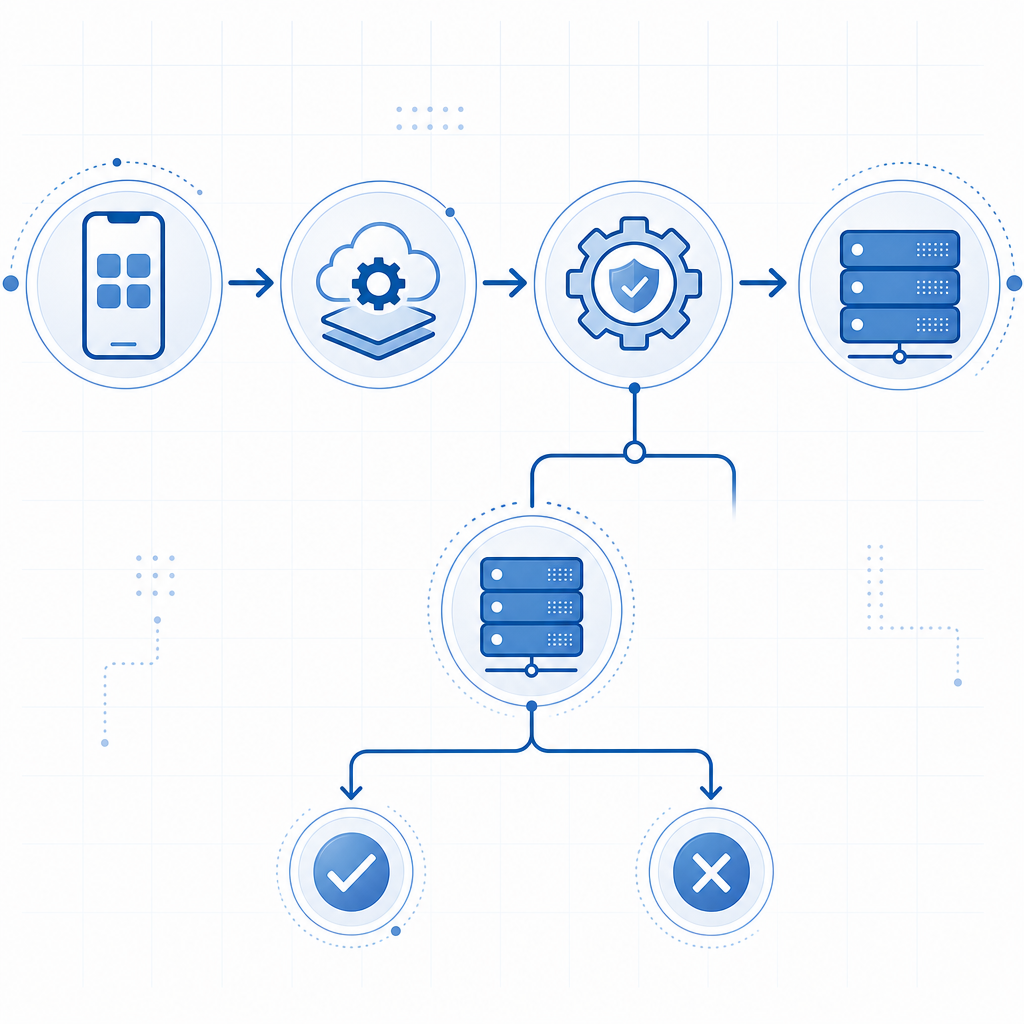 abstract flow diagram showing mobile app, challenge service, validation API, and