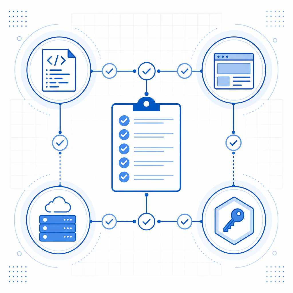 abstract debugging checklist with nodes for script, DOM, API, and token