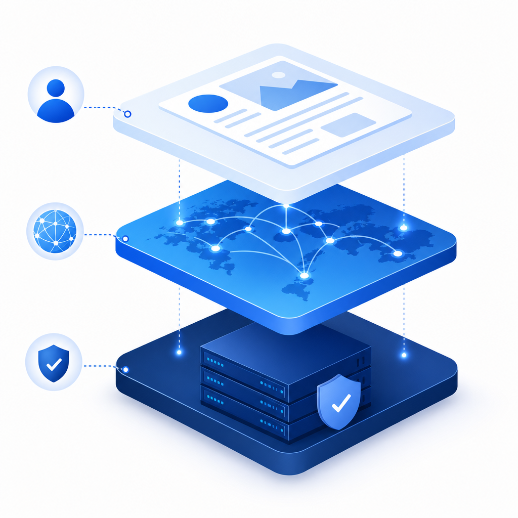 abstract layered stack showing client, loader CDN, and server validation