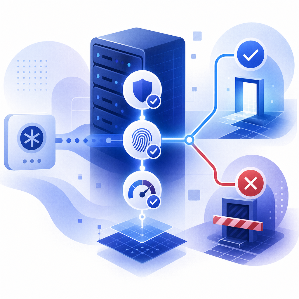 abstract server checklist with token validation, risk scoring, and allow/deny pa