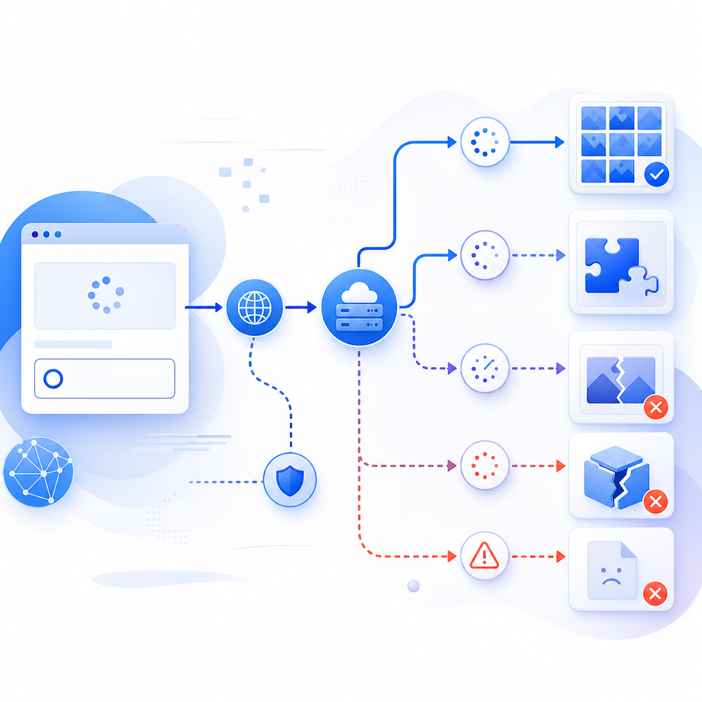 network request flow diagram showing captcha assets loading and failure points