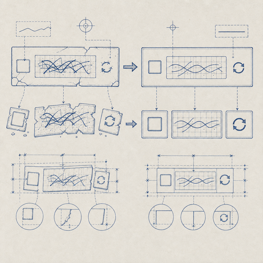 abstract diagram of broken and fixed CAPTCHA widget UI components