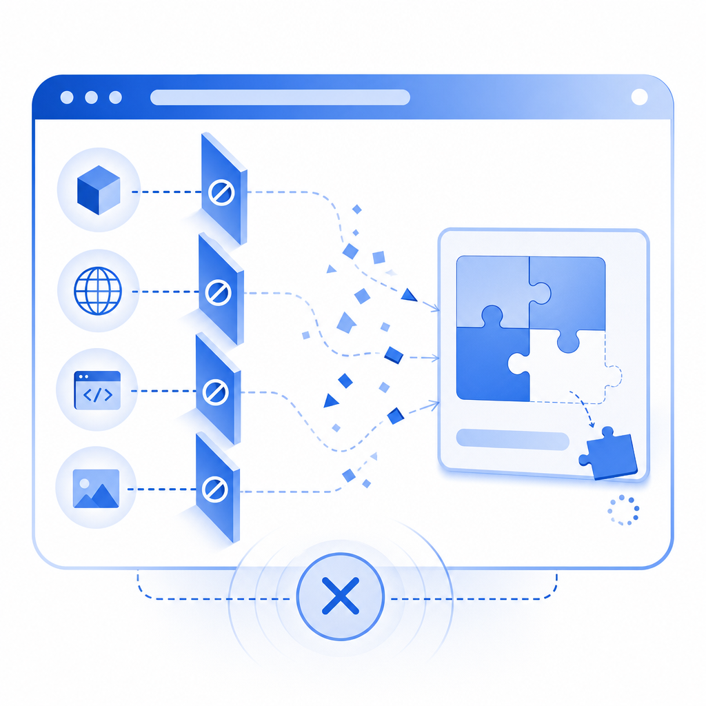 abstract diagram showing browser blocking elements causing CAPTCHA display failu
