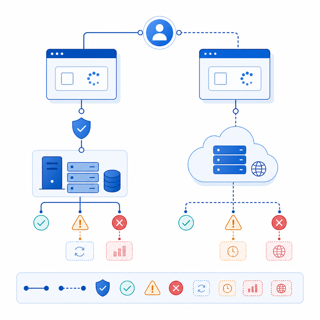 abstract diagram comparing captcha service setups and error points