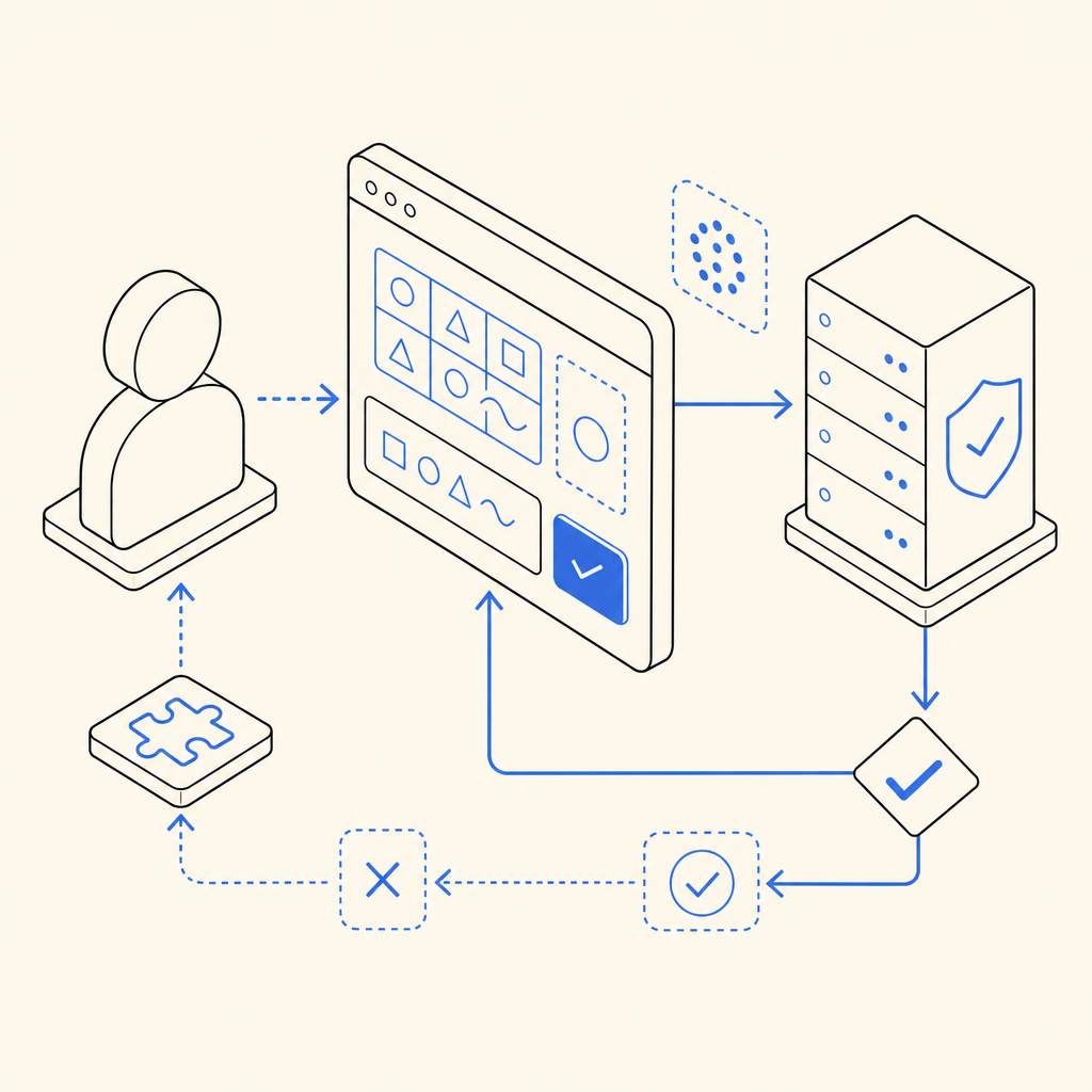 abstract flowchart of CAPTCHA validation process between user, client, and serve