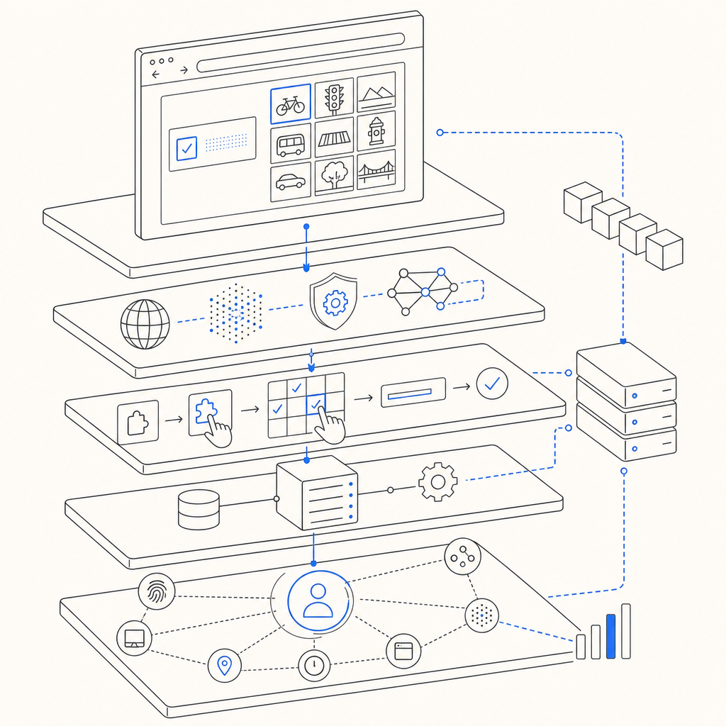 layered diagram of CAPTCHA service ecosystem and user verification