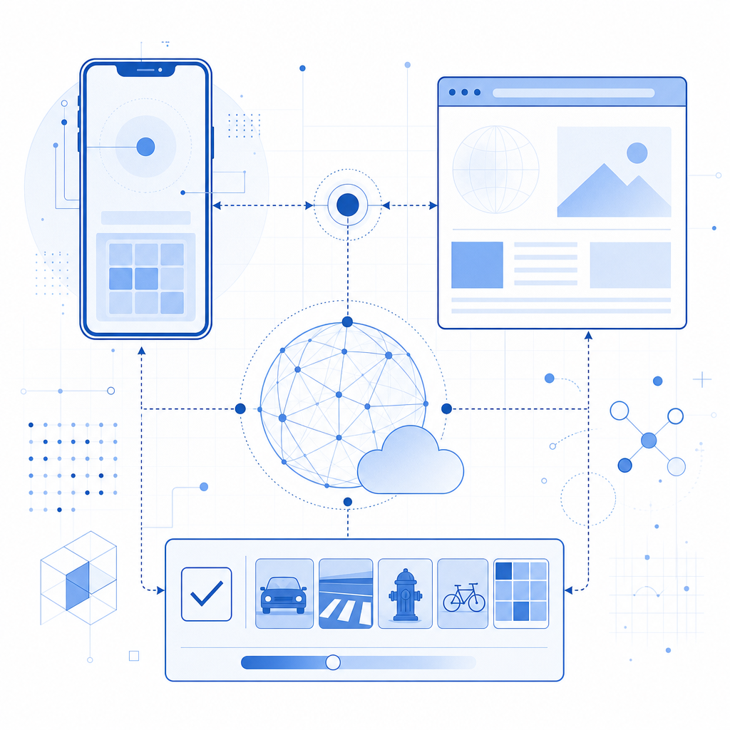 abstract diagram of mobile device, browser, network, and CAPTCHA elements intera