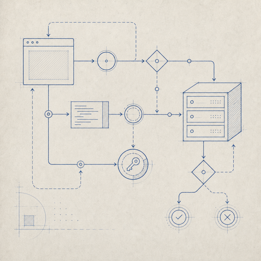 abstract flow showing browser checks, script load, token issue, and server valid