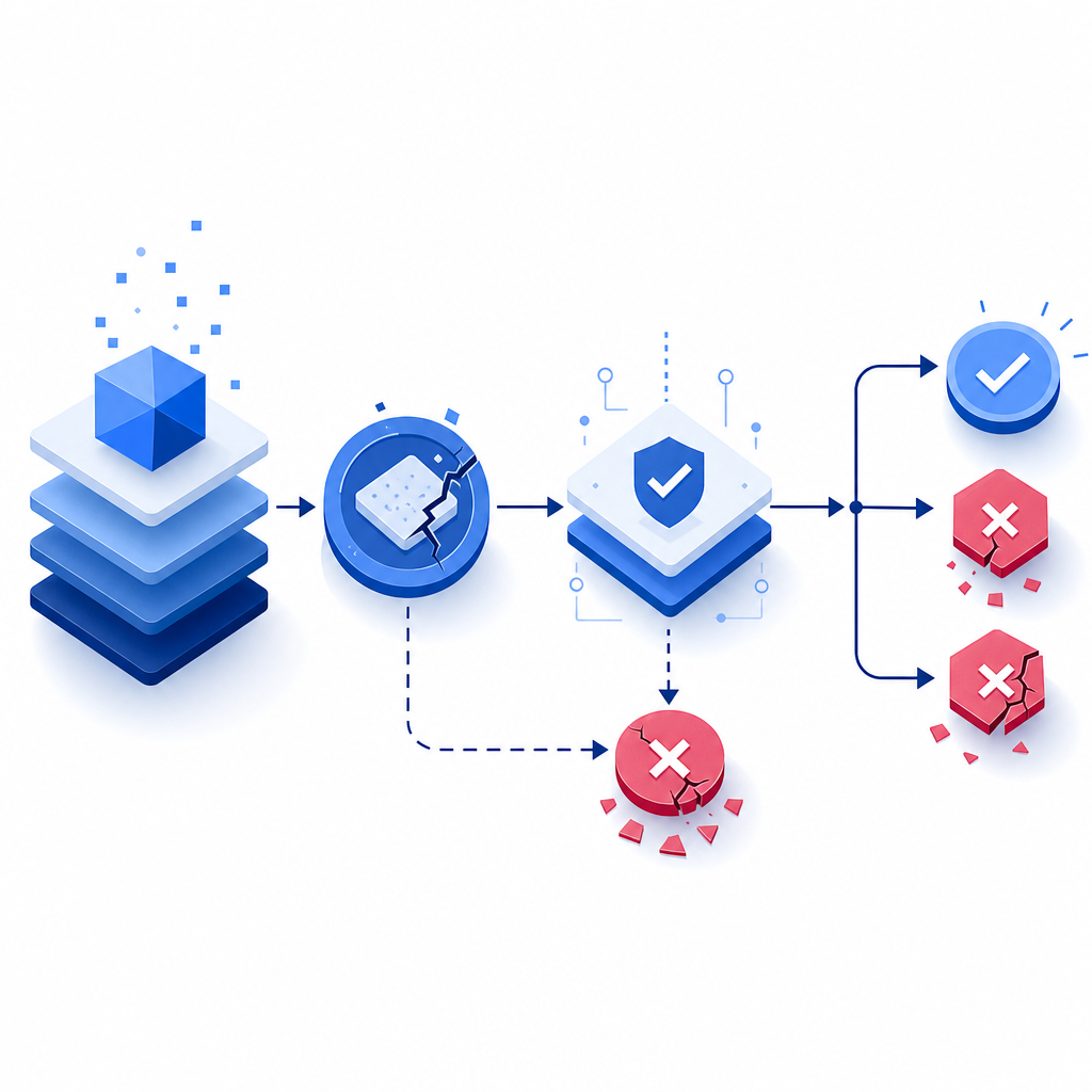 abstract flow diagram showing challenge load, token issue, validation, and failu