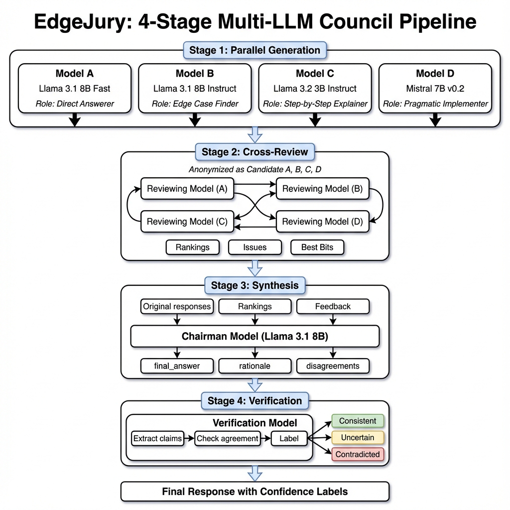 EdgeJury: Cross-Reviewed Small-Model Ensembles for Truthful Question Answering on Serverless Edge Inference